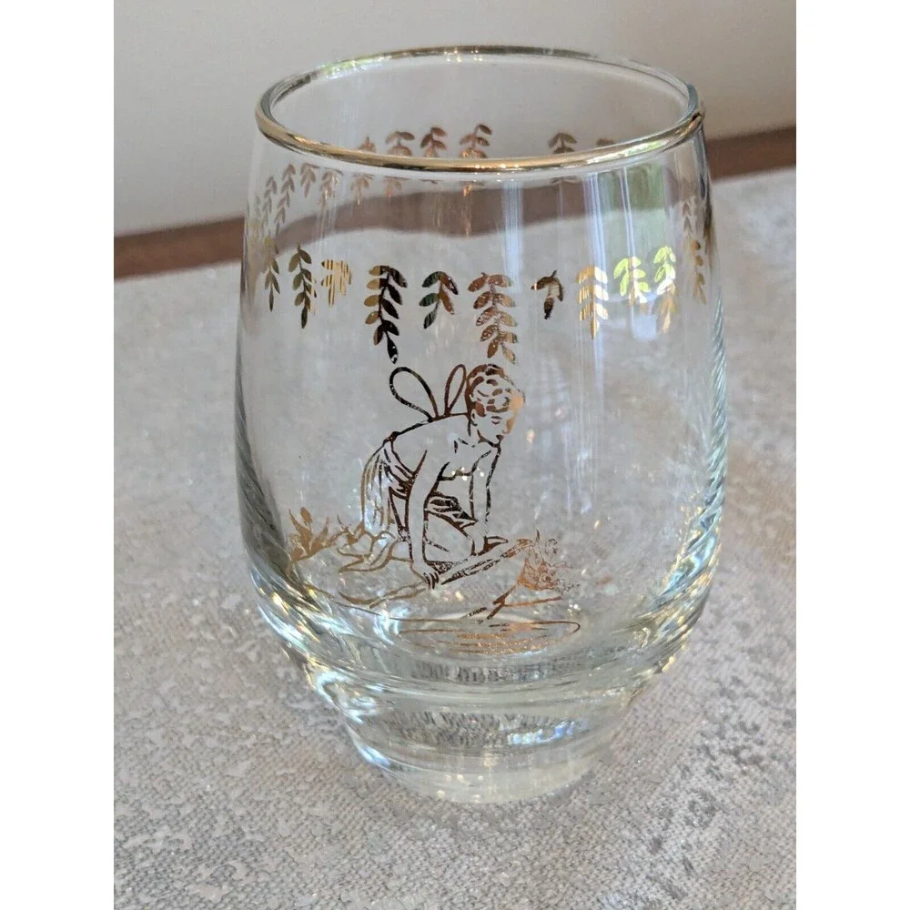 White Rock Tumblers Set 4 Nymph Fairy VTG GingerAle Gold Paint Glass MCM 50s 60s